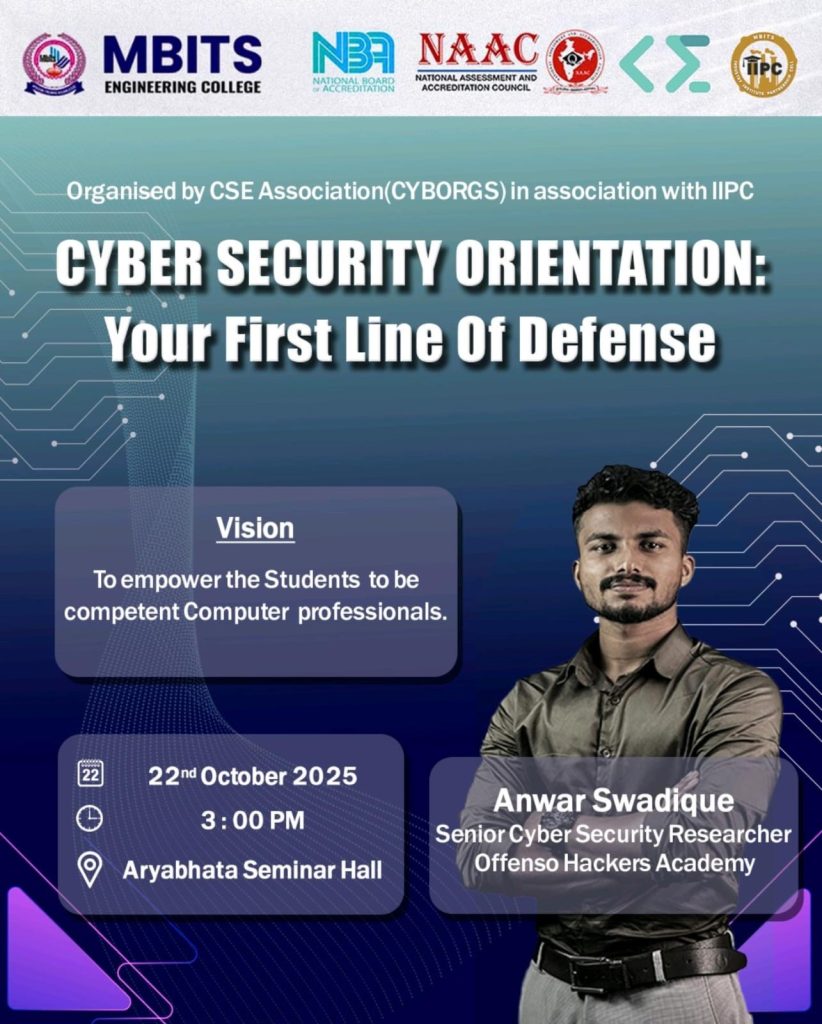 Technical Talk on “Cyber Security Orientation: Your First Line of Defence” by Mr. Anwar Swadique, Senior Cyber Secuirity Resercher, Offenso Hackers Academy.